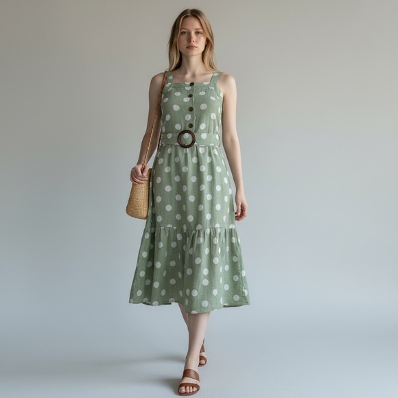 NWT Monteau Green Polka Dot Midi Linen Blend Belted Cottagecore Sz XS Dress - Picture 13 of 13